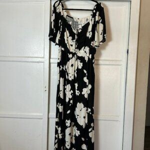 Ava & Viv Flutter Short Sleeve Maxi Dress Empire Waist Black White Floral XXL